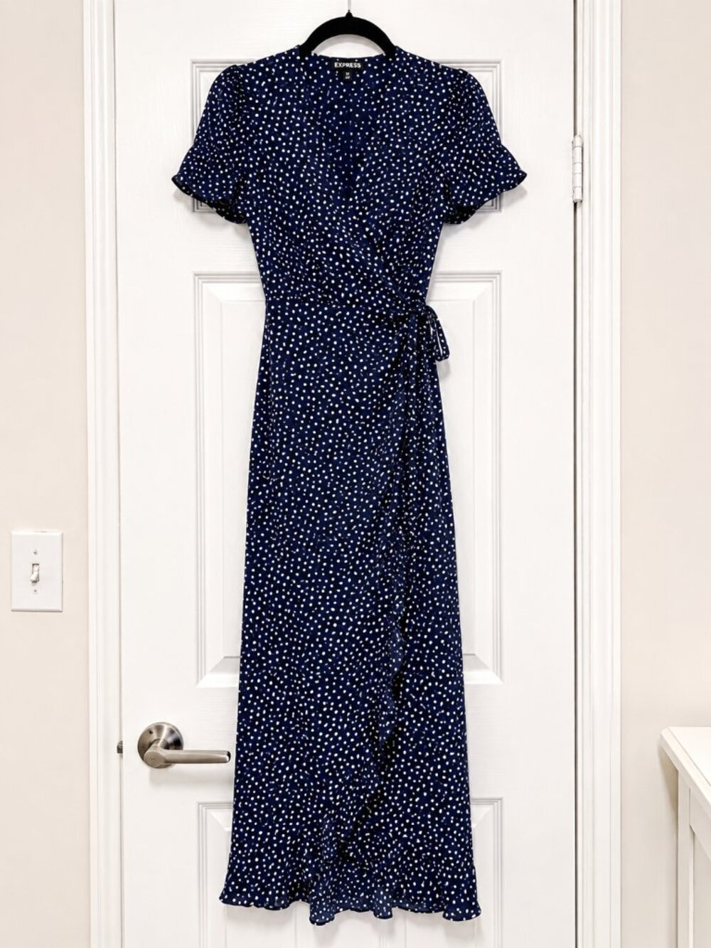 Express Polka Dot Ruffle Maxi Wrap Dress